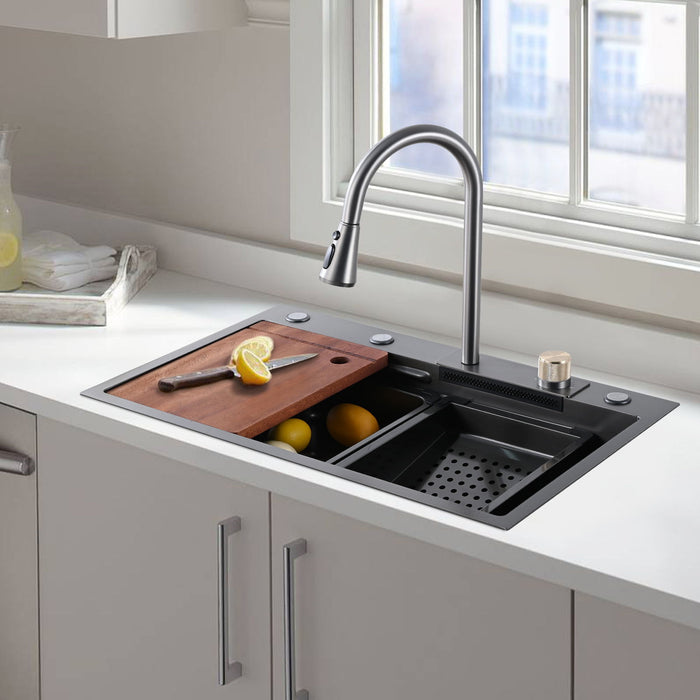 Kitchen Sink Flying Rain Waterfall Kitchen Sink Set 30"X 18" 304 Stainless Steel Sink With Pull Down Faucet