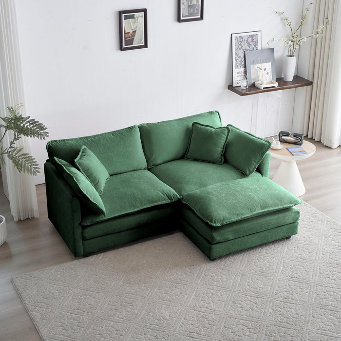 Chenille Two-Seater Sofa With 1 Footrest, 2 Seater L-Shaped Sectional With Ottoman, Loveseat With Ottoman For Small Living Space, Green Chenille