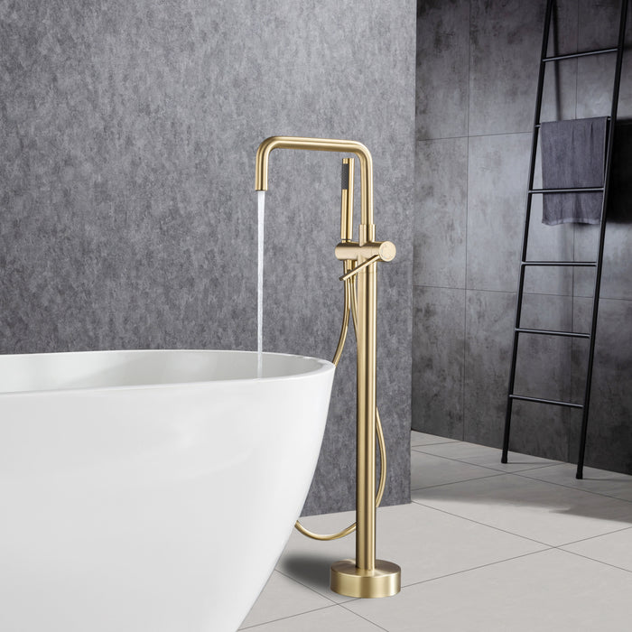 Freestanding Tub Filler Bathtub Faucet Floor Mount Single Handle Brass Tub Faucets With Handheld Shower Swivel Spout - Gold