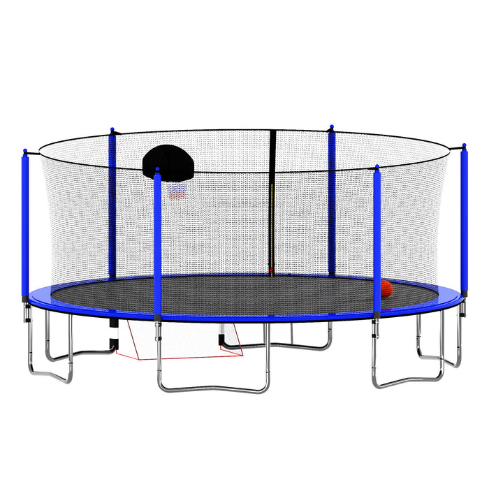 Trampoline With Basketball Hoop Pump And LadderInner Safety Enclosure With Soccer Goal Blue