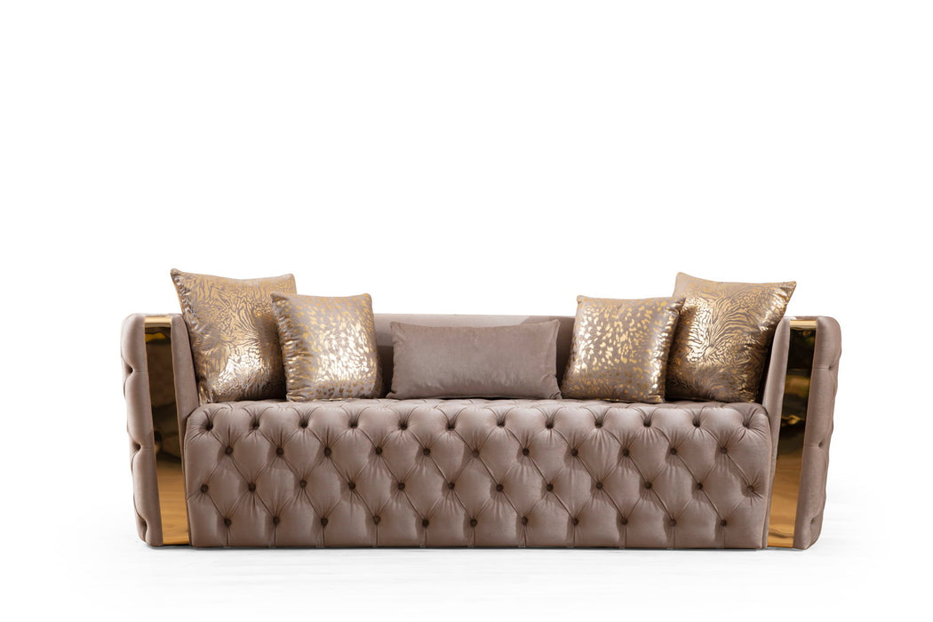 Naomi Button Tufted Sofa With Velvet Fabric And Gold Accent In Off White