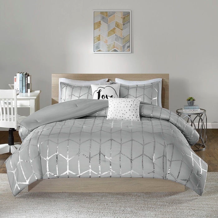 Raina - Metallic Printed Comforter Set - Gray