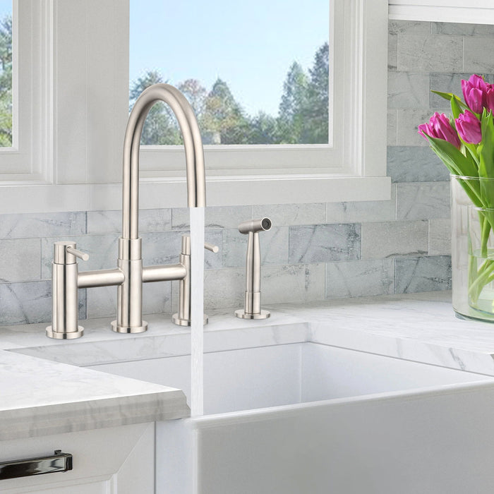 Double Handle Bridge Kitchen Faucet With Side Spray - Silver