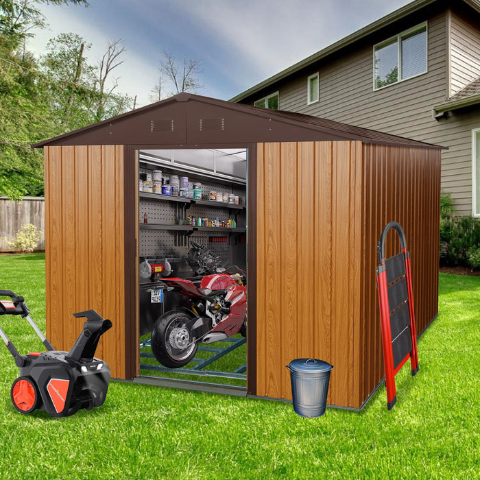 10Ft X 8Ft Outdoor Metal Storage Shed With Metal Floor Base - Coffee