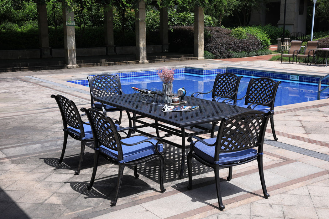 Rectangular 6 Person 86" Long Aluminum Dining Set With Navy Blue Cushions