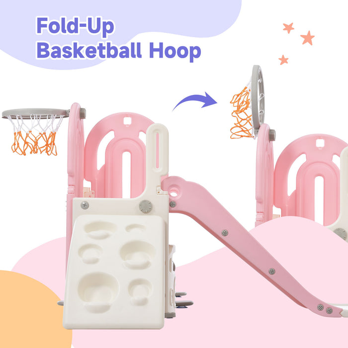Toddler Climber And Slide Set 4 In 1, Kids Playground Climber Freestanding Slide Play Set With Basketball Hoop Play Combination For Babies Indoor & Outdoor - Pink
