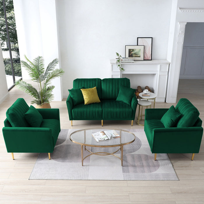 3 Pieces Sectional Sofa Set of Living Room, Velvet Tufted Couch Sofa Armchair With Metal Legs, 2 Piece Single Chair & 2-Seater Sofa, Furniture Set, Green