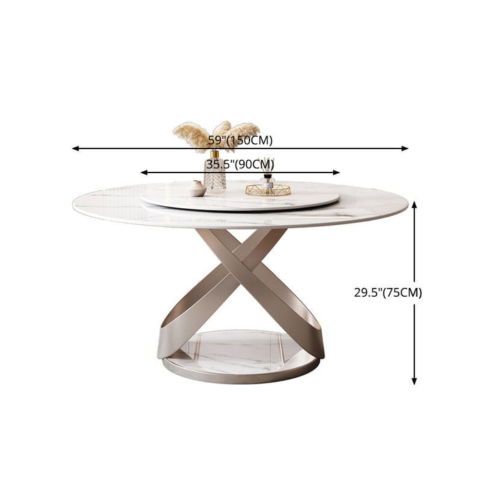 Modern Sintered Stone Dining Table With 31.5" Round Turntable And Metal Exquisite Pedestal With 6 Pieces Chairs