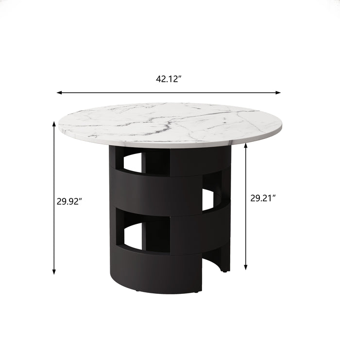 42.12"Modern Round Dining Table With Printed Black Marble Table Top For Dining Room, Kitchen, Living Room, White + Black