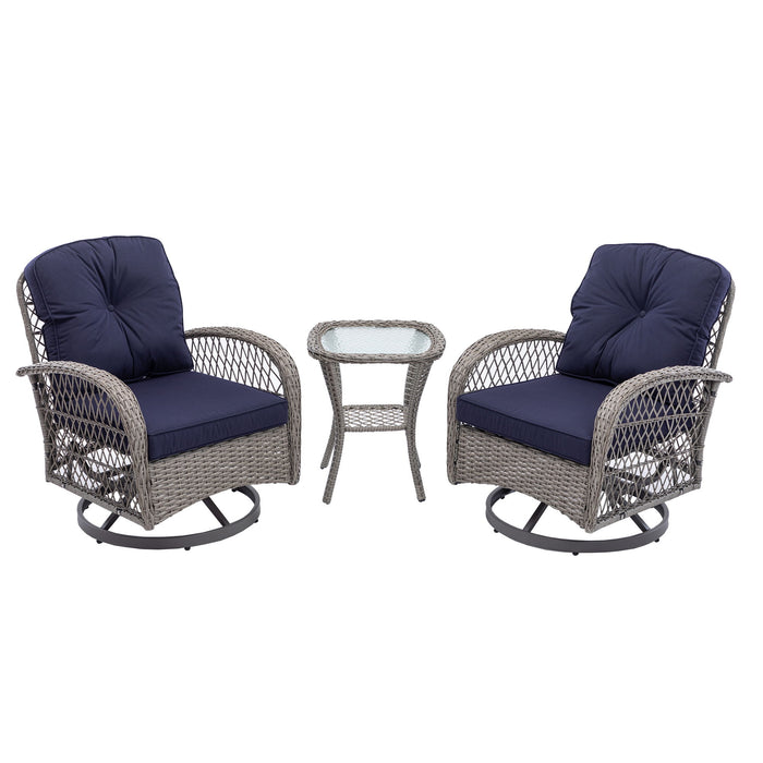 3 Pieces Outdoor Swivel Rocker Patio Chairs, 360 Degree Rocking Patio Conversation Set With Thickened Cushions And Glass Coffee Table For Backyard, Navy Blue
