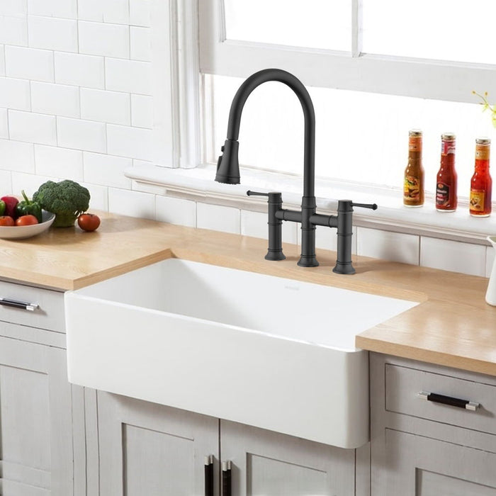 Double Handle Bridge Kitchen Faucet With Pull-Down Spray Head - Black