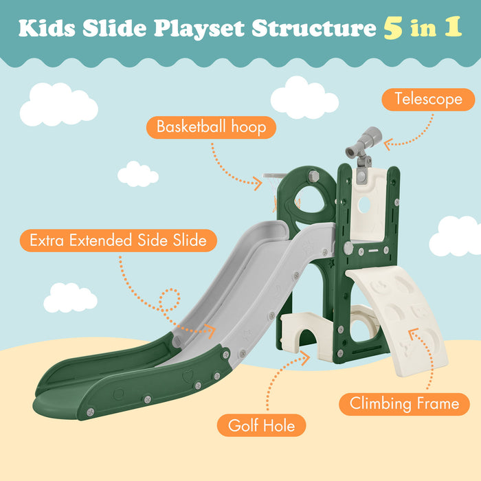Kids Slide Playset Structure 5 In 1, Freestanding Spaceship Set With Slide, Telescope And Basketball Hoop, Golf Holes For Toddlers, Kids Climbers Playground - Green