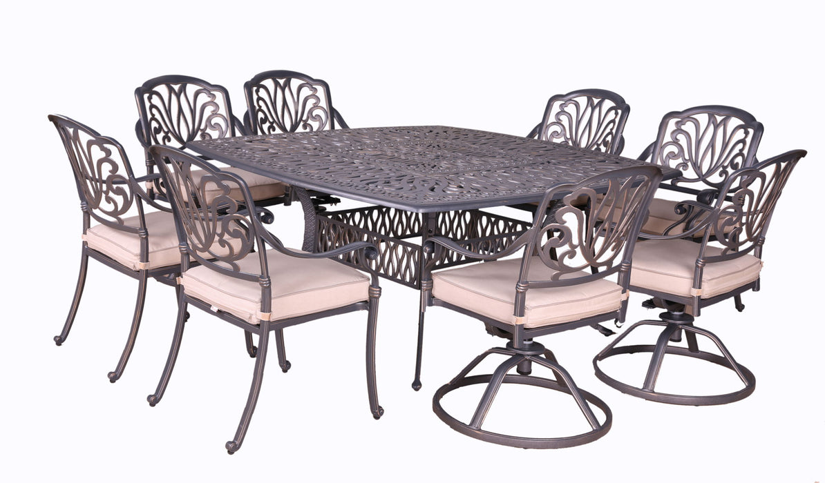 Square 8 Person 64" Long Aluminum Dining Set With Sunbrella Cushions