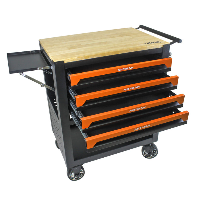 4 Drawers Multifunctional Tool Cart With Wheels And Wooden Top - Orange