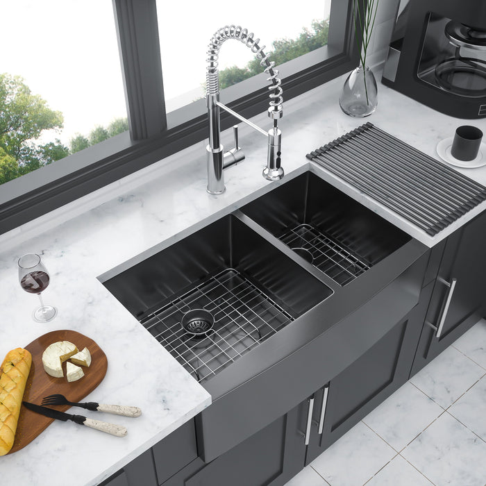 Gunmetal Black Double Bowl (60/40) Farmhouse Sink- 36"X21"X10"Stainless Steel Apron Front Kitchen Sink 16 Gauge With Two 10" Deep Basin