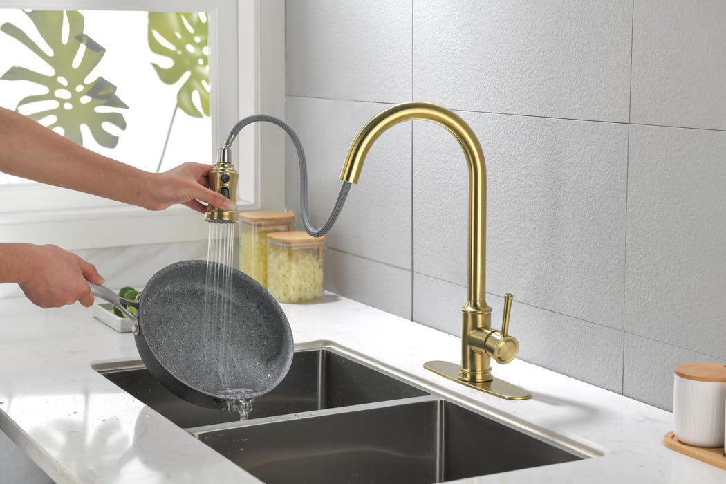 Single Handle High Arc Pull Out Kitchen Faucet, Single Level Stainless Steel Kitchen Sink Faucets With Pull Down Sprayer - Gold
