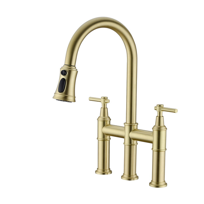Bridge Kitchen Faucet With Pull Down Sprayhead In Spot - Gold