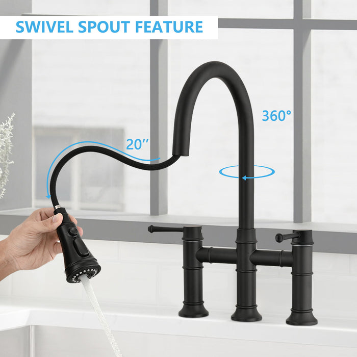 Double Handle Bridge Kitchen Faucet With Pull-Down Spray Head - Black