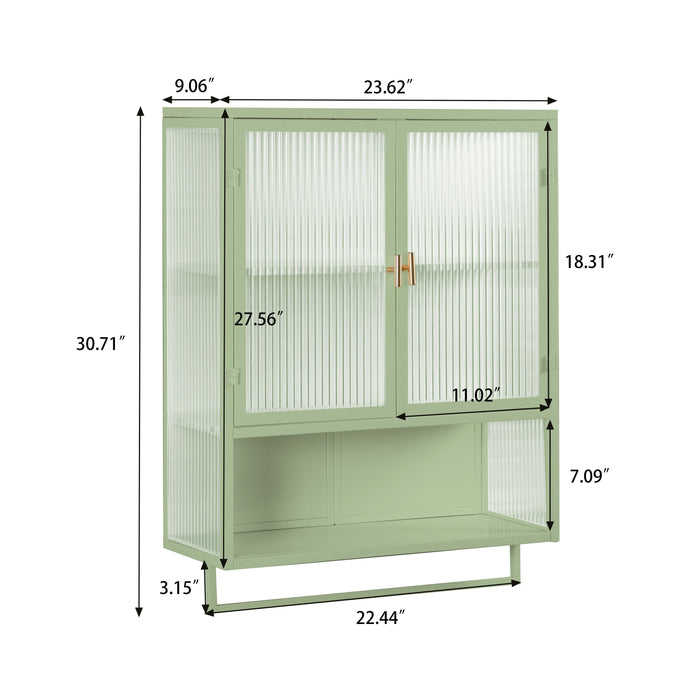 Glass Doors Modern Two - Door Wall Cabinet With Featuring Two-Tier Enclosed Storage, An Open Shelf, And Towel Rack, For Entryway Living Room Bathroom Dining Room, Green