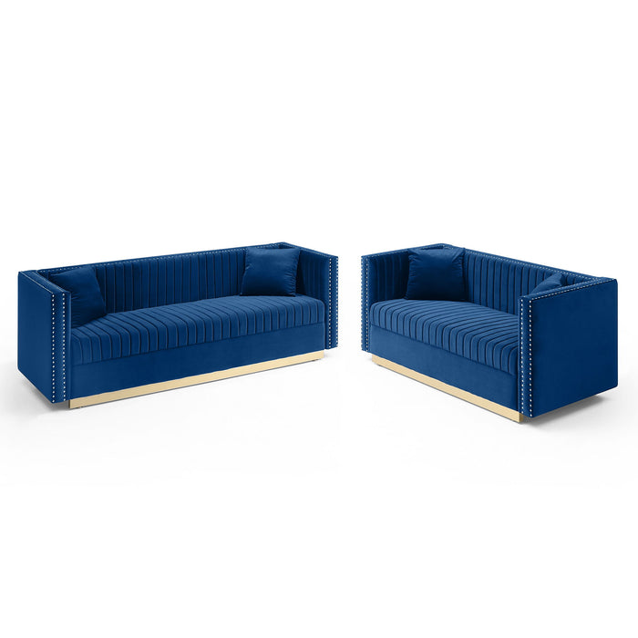 Contemporary Vertical Channel Tufted Velvet Sofa Loveseat Set Modern Upholstered 2 Pieces Set Couch For Living Room Apartment With 4Pillows, Blue