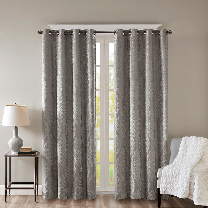 Knitted Jacquard Damask Total Blackout Grommet Top Curtain Panel In Charcoal