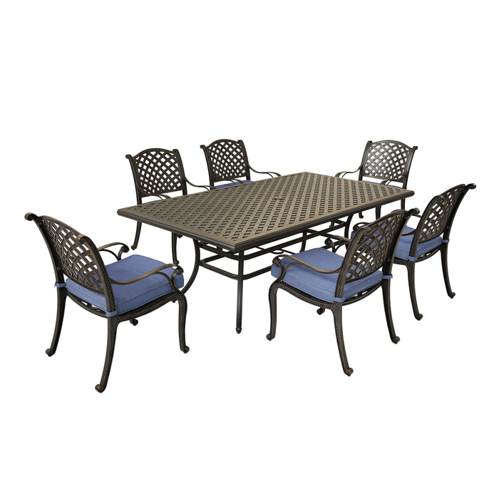 Rectangular 6 Person 86" Long Aluminum Dining Set With Navy Blue Cushions