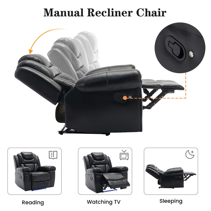 Home Theater Seating Manual Recliner Loveseat With Hide-Away Storage, Cup Holders And LED Light Strip For Living Room, Black