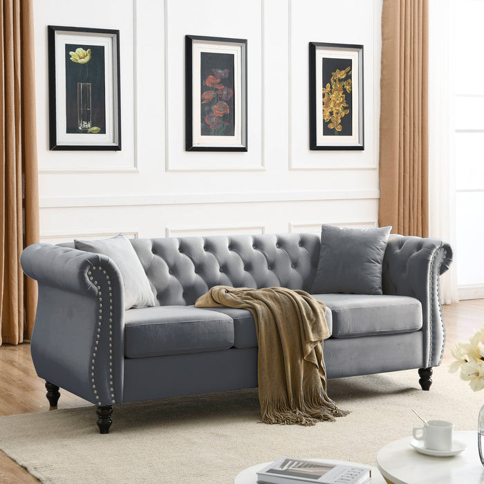 Chesterfield Sofa Grey Velvet For Living Room, 3 Seater Sofa Tufted Couch With Rolled Arms And Nailhead For Living Room, Bedroom, Office, Apartment, Two Pillows - Grey