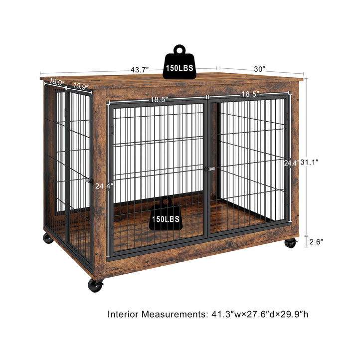 Furniture Style Dog Crate Side Table On Wheels With Double Doors And Lift Top - Rustic Brown
