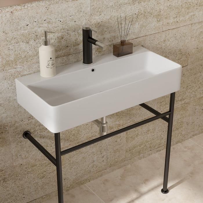 32" Bathroom Console Sink With Overflow, Ceramic Console Sink White Basin Black Legs