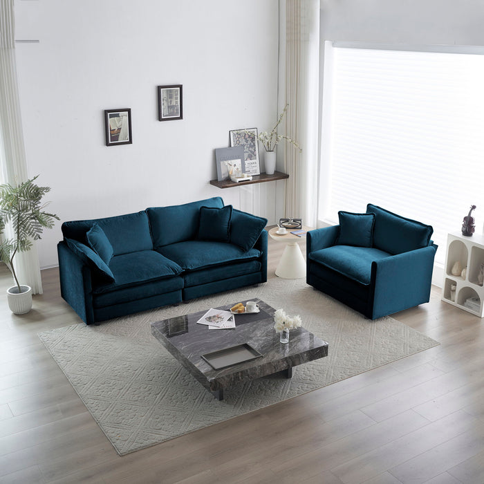 2 Seater Loveseat And Chair Set, 2 Piece Sofa & Chair Set, Loveseat And Accent Chair, 2 Piece Upholstered Chenille Sofa Living Room Couch Furniture (1+2 Seat), Blue Chenille