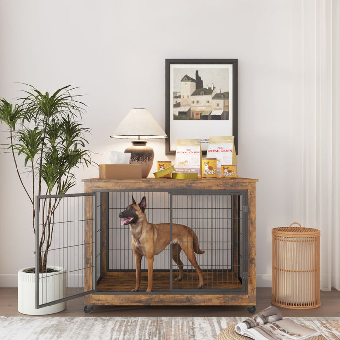 Furniture Style Dog Crate Side Table On Wheels With Double Doors And Lift Top - Rustic Brown
