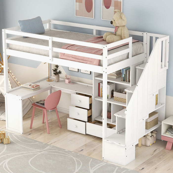 Twin Size Loft Bed With L-Shaped Desk And Drawers, Cabinet And Storage Staircase, White