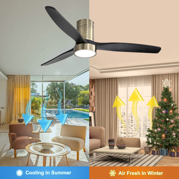 Indoor Flush Mount Ceiling Fan With 110V 3 Solid Wood Blades Remote Control Reversible Dc Motor With LED Light - Bronze