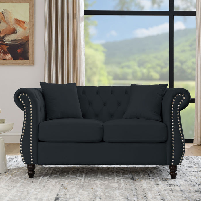 Chesterfield Sofa Black Velvet For Living Room, 2 Seater Sofa Tufted Couch With Rolled Arms And Nailhead For Living Room, Bedroom, Office, Apartment, Two Pillows, Black