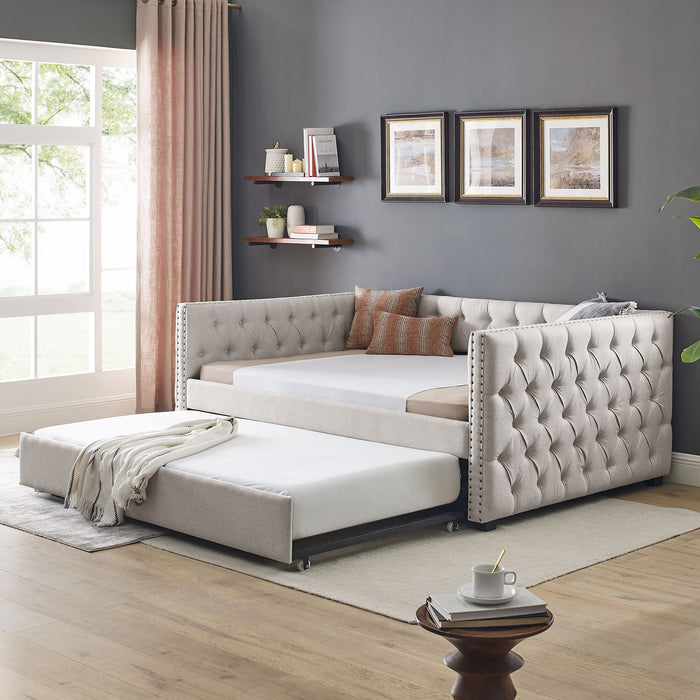 Daybed With Trundle Upholstered Tufted Sofa Bed, With Button And Copper Nail On Square Arms, Full Daybed & Twin Trundle, Beige, 85" x57" x31.5"