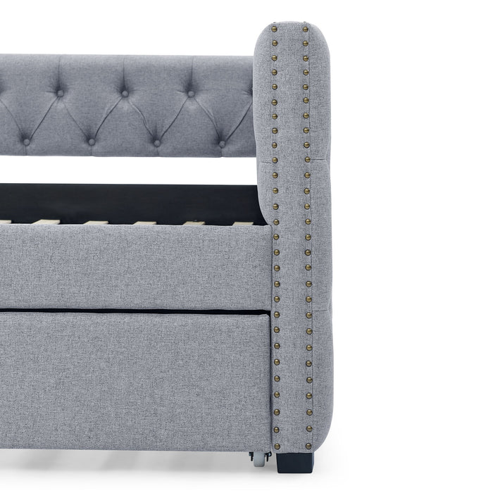 Daybed With Trundle Upholstered Tufted Sofa Bed, With Button And Copper Nail On Square Arms, Full Daybed & Twin Trundle, Gray, 85" x57" x31.5"