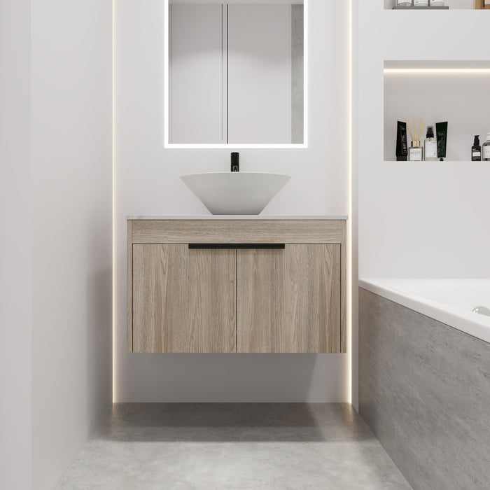 30" Modern Design Float Bathroom Vanity With Ceramic Basin Set, Wall Mounted White Oak Vanity With Soft Close Door, KD-Packing, KD-Packing, 2 Pieces Parcel, Top - Bab217Mowh