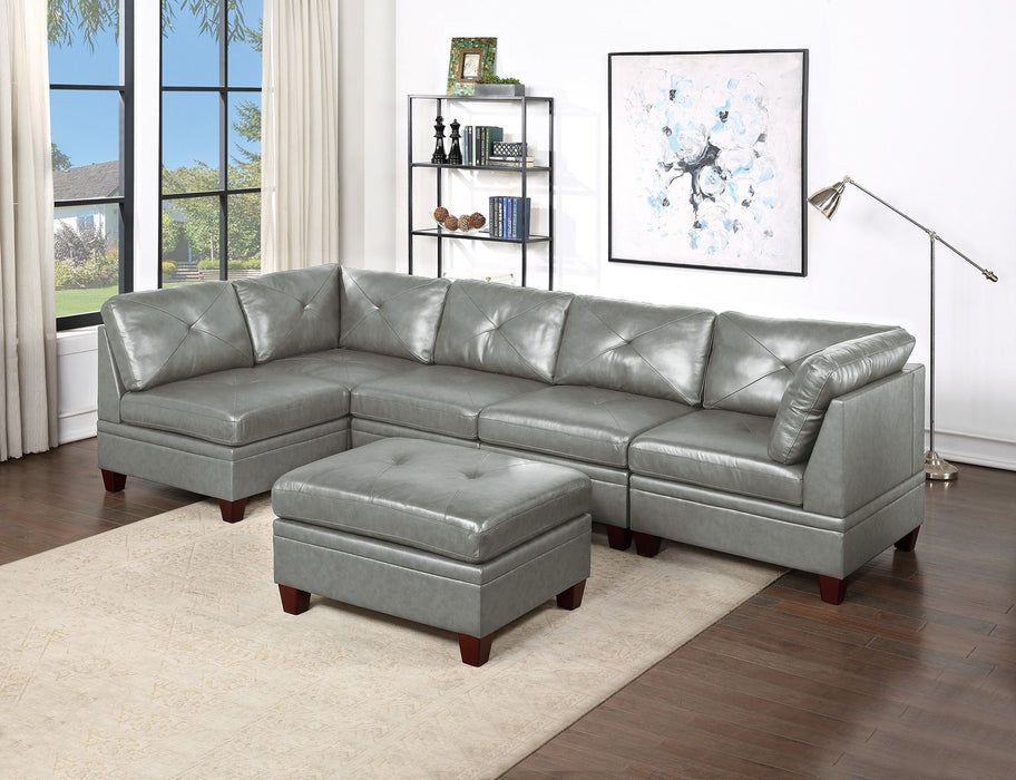 Genuine Leather Gray Color Tufted 6 Pieces Modular Sectional Sofa Set 2 Corner Wedge 3 Armless Chair 1 Ottoman Living Room Furniture Corner Couch