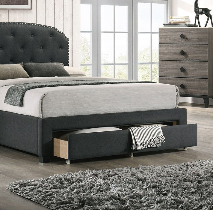 Charcoal Burlap Fabric 1 Piece Queen Size Bed With Drawer Button Tufted Headboard Storage Bedframe Bedroom Furniture