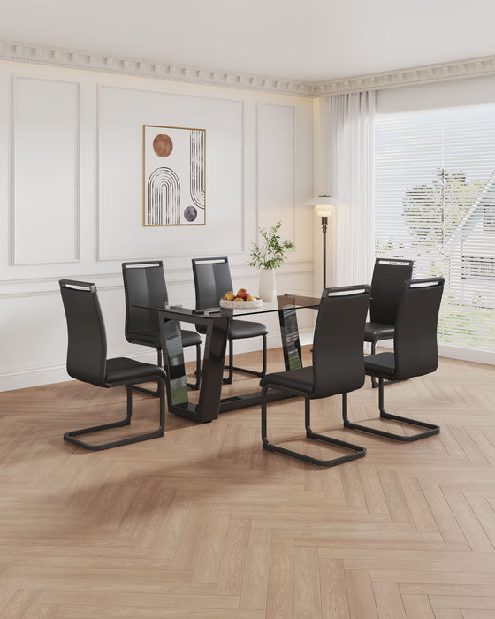 Table And Chair Set, 1 Table With 6 Black Chairs. 0.4" Tempered Glass Desktop And Black MDF, PU Artificial Leather High Backrest Cushion Side Chair, C - Shaped Tube Black Coated Metal Legs