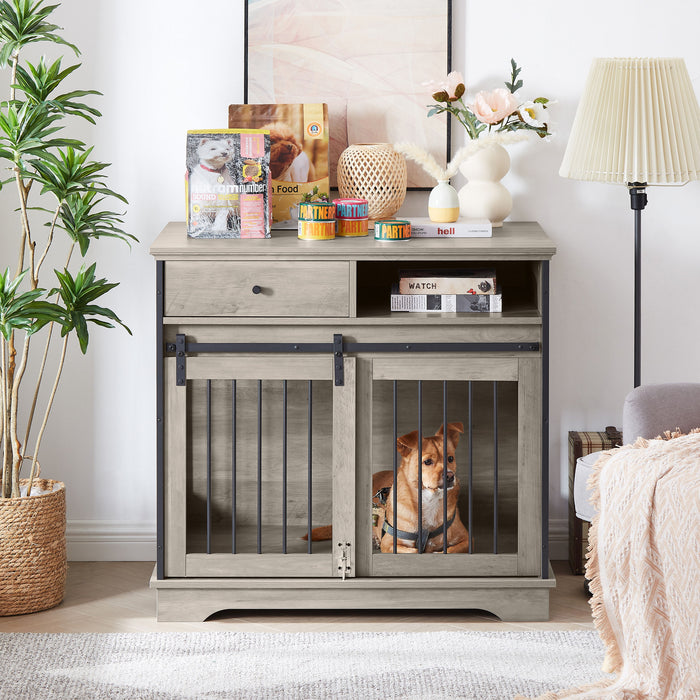 Sliding Door Dog Crate With Drawers. Grey