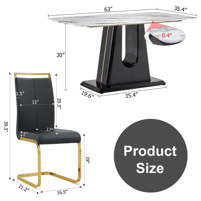 1 Table And 6 Chairs Modern, Simple And Luxurious Black Imitation Marble Rectangular Dining Table And Desk With 6 Black PU Gold Plated Leg Chairs