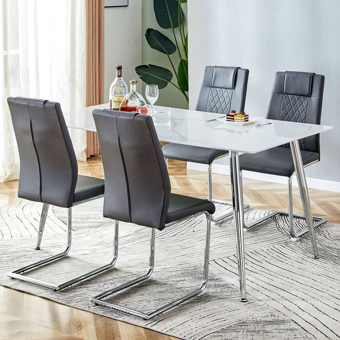 Table And Chair Set 1 Table And 4 Gray Chairs Rectangular Dining Table, 04"White Imitation Marble Tabletop, Silver Metal Table Legs Paired With 4 Gray Backrests And Silver Leg Chairs