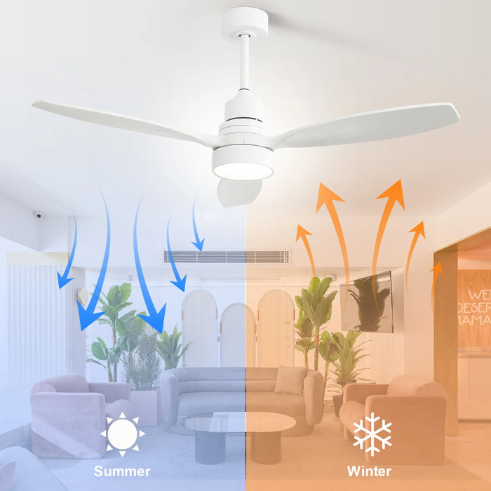 Wooden Ceiling Fan White 3 Solid Wood Blades Remote Control Reversible Dc Motor With LED Light
