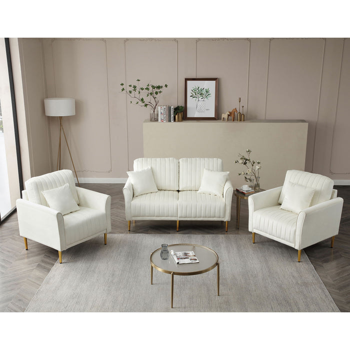 Living Room Sofa Set Of 3, Loveseat Sofa Couch And Comfy Accent Arm Chair With Pillows, Metal Legs, Upholstered Modern Furniture For Bedroom, Office, Small Space, Apartment - Cream White
