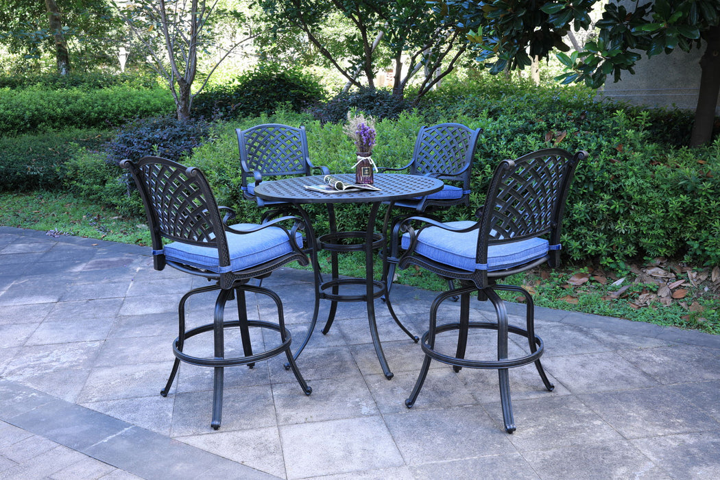 Round 4 Person 42" Long Aluminum Bar Height Dining Set With Cushions, Navy Blue