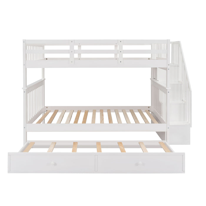 Stairway Full Over Full Bunk Bed With Twin Size Trundle, Storage And Guard Rail For Bedroom, Dorm White