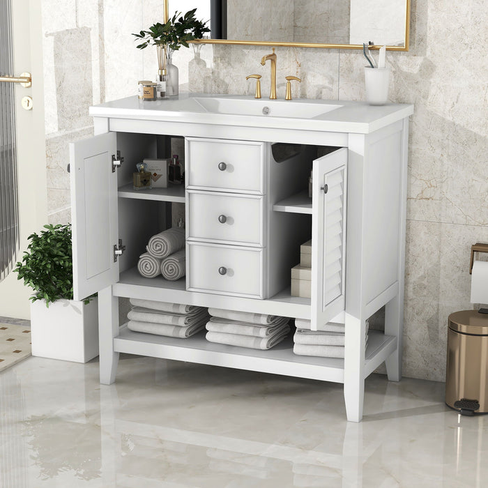 36" Bathroom Vanity With Ceramic Basin, Two Cabinets And Drawers, Open Shelf, Solid Wood Frame, White