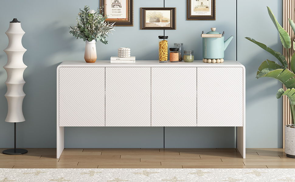 Trexm Minimalist Style 60"L Large Storage Space Sideboard With 4 Doors And Rebound Device For Living Room And Entryway (White)